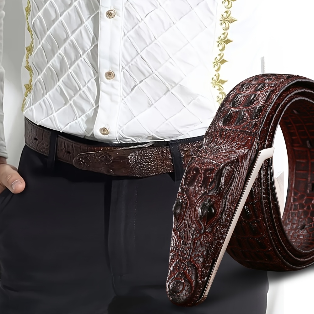 

1pc Men' Crocodile Pattern Belt, Leather Western Cowboy Belt With Alloy Animal , Style Ideal Gift