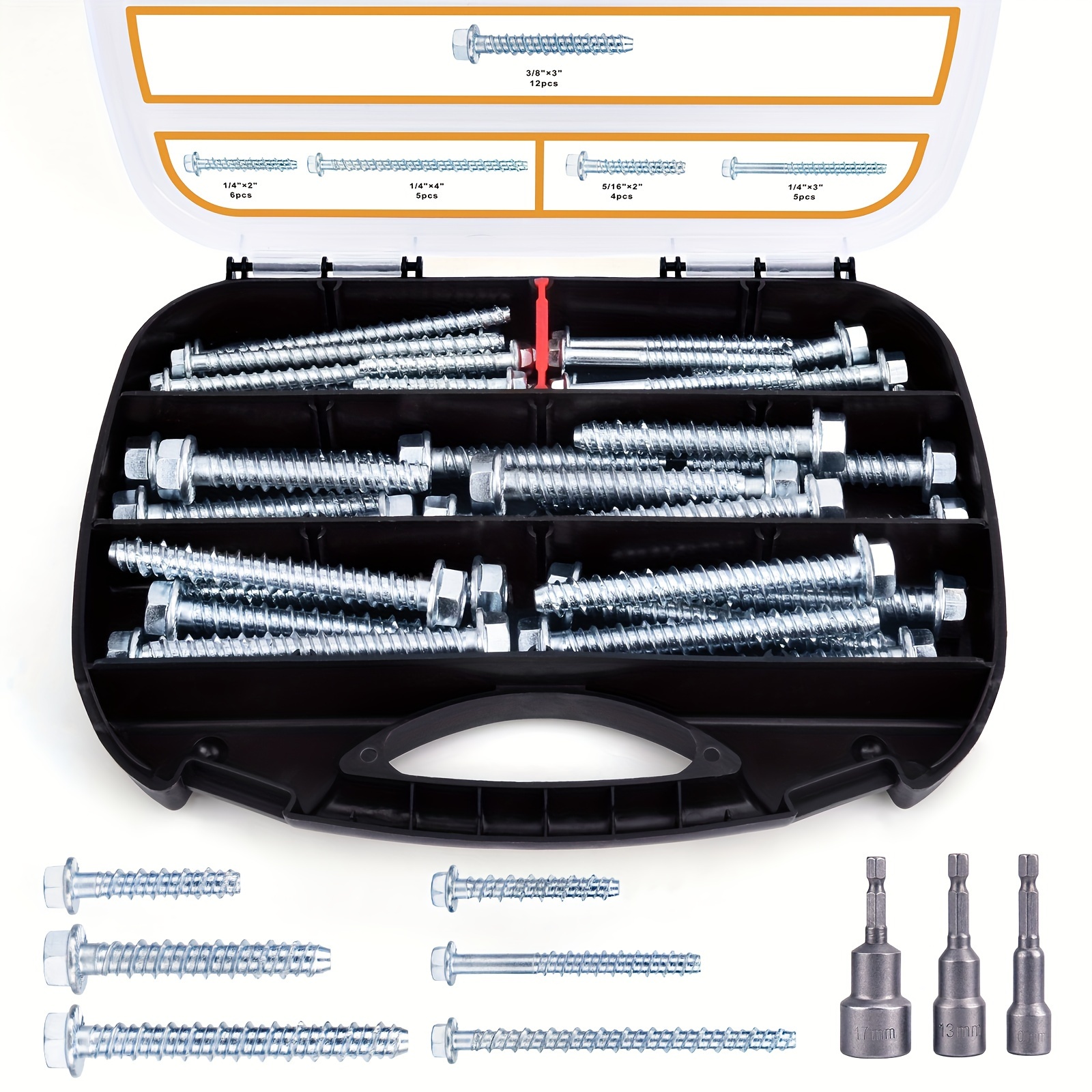 

Vigrue 3/8" 1/4" 5/16" Zinc Plated Large Diameter Concrete Screw Assortment Kit For Anchoring To Masonry, Brick Or , Includes 2" 3" 4" Length