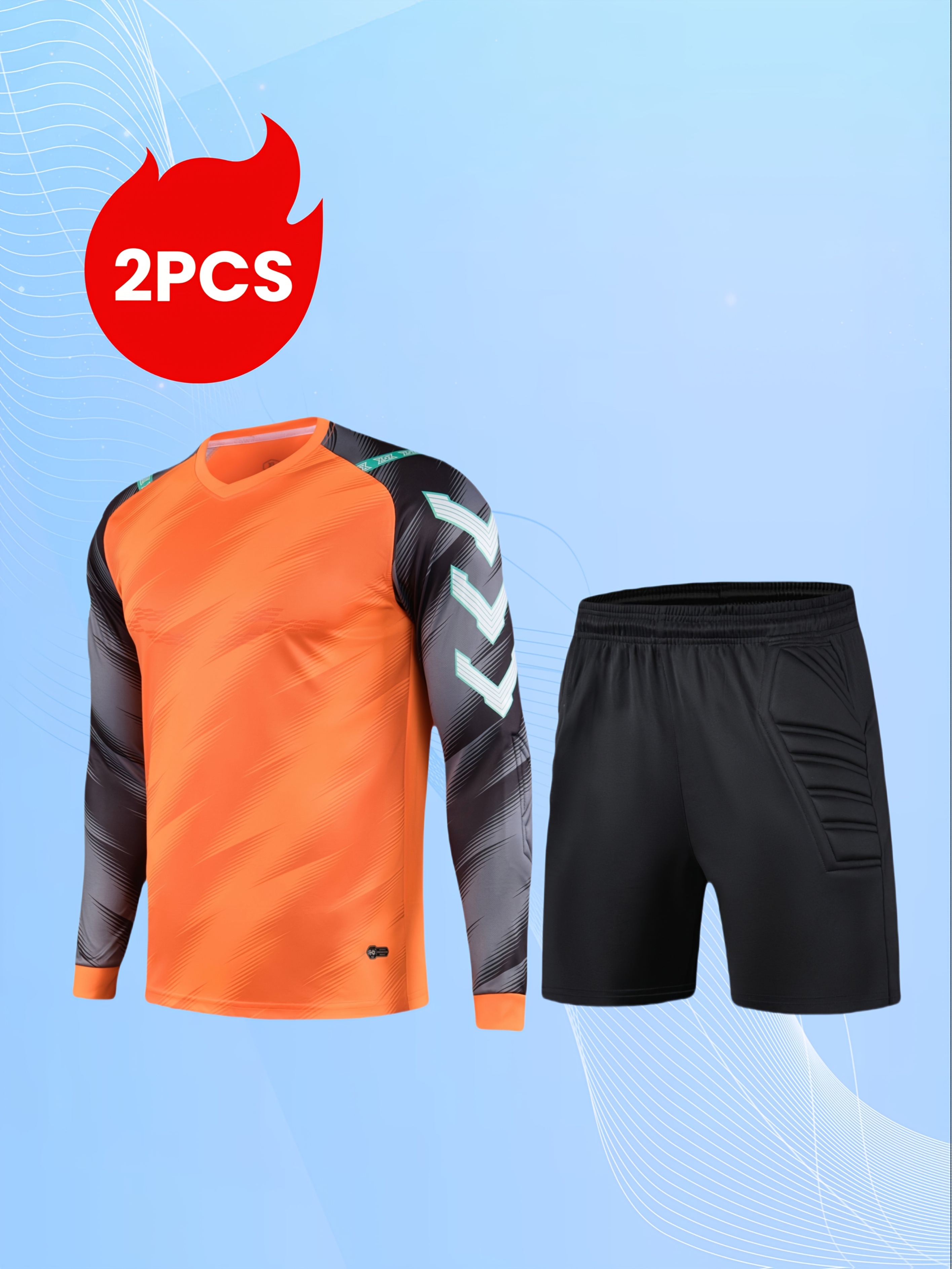2pcs soccer goalkeeper set with sponge elbow protection chest anti slip plastic strips running training colorful geometric stripe breathable quick dry long sleeve t shirt goalkeeper shorts training and match activities with protective elastic breathable waist pants