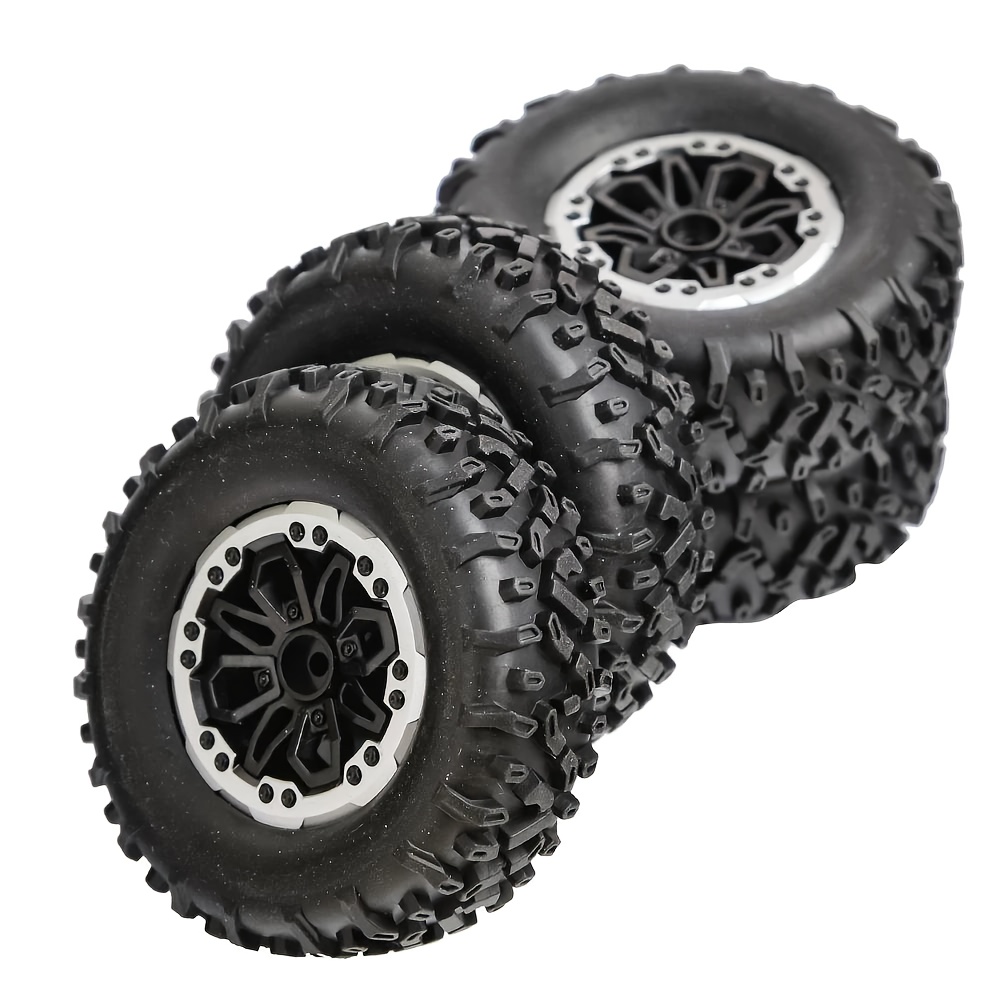 4PCS RC Car Tires With Plastic Hubs - 96mm Diameter Rubber Tires For Off-Road & Climbing RC Vehicles (White)