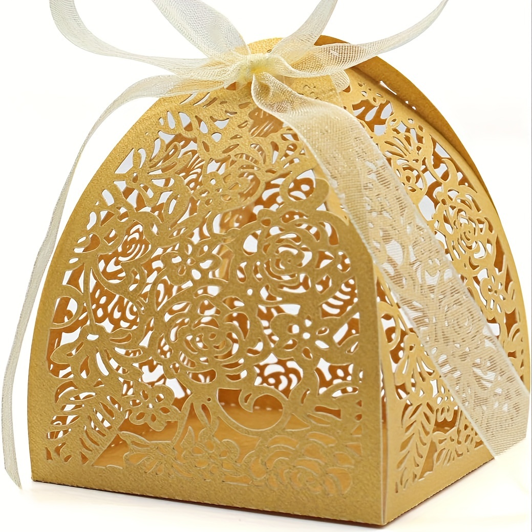 

50pcs Golden & Chocolate Gift Boxes With Laser Cut Design - Wedding Favors, Birthday Parties, And Bridal Showers With Ribbons Included