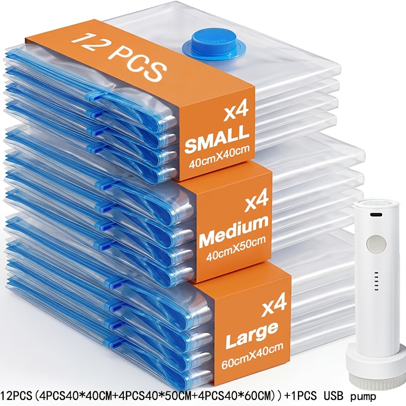 TEMU 12pcs (4pcs 40x40cm + 4pcs 40x50cm + 4pcs 40x60cm) And 1pc Electric Pump, Vacuum Compression Bags, Clothing Vacuum Bags, Electric Pump, Suitable