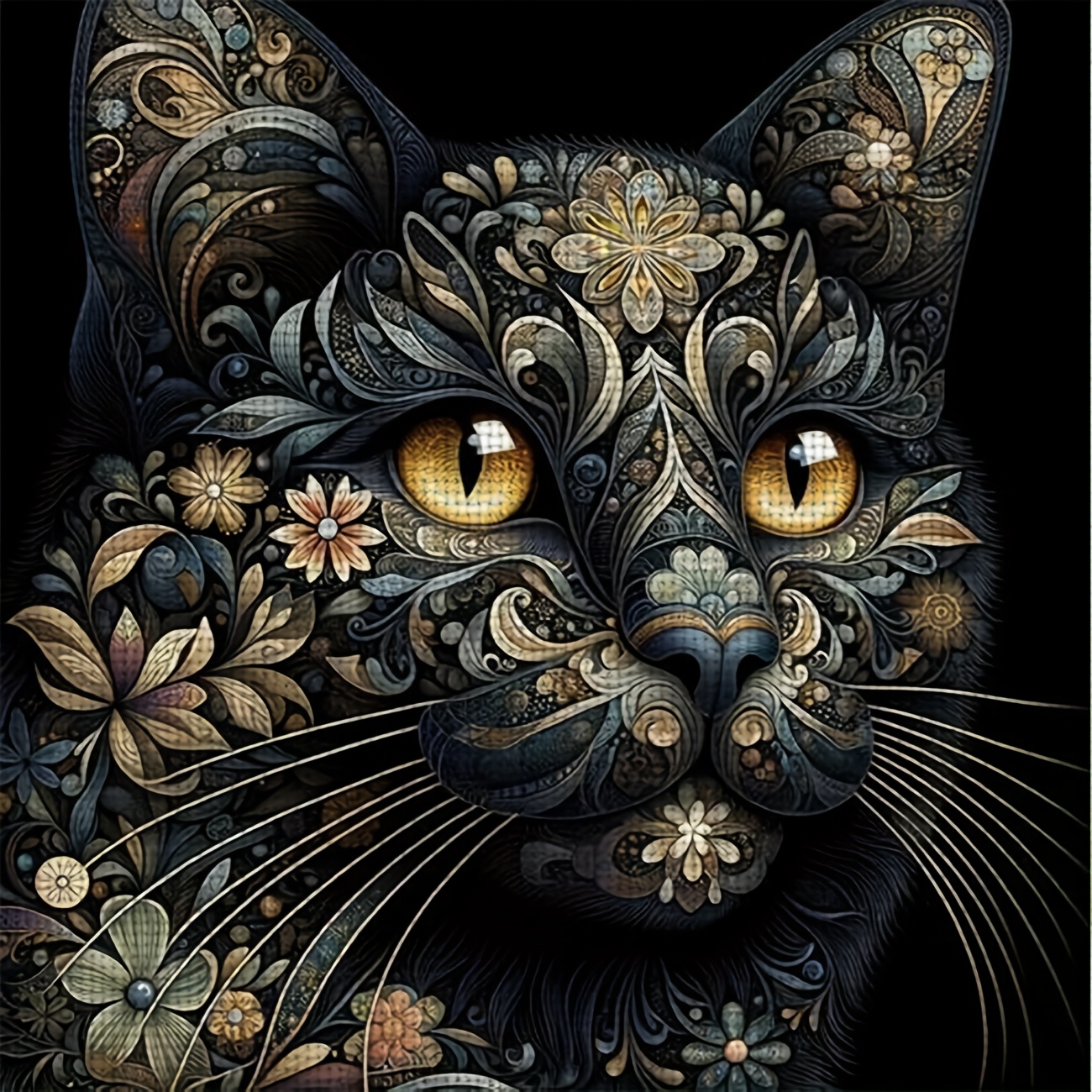 TEMU Een kruissteek drukpakket zonder frame, met het ontwerp 'Black Floral Cat Head', is perfect voor beginners om te genieten van een ontspannende