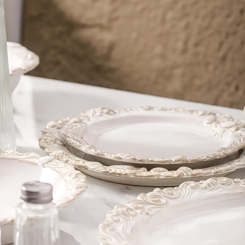 Set of 2 Vintage-Style Embossed Ceramic 10-Inch Round Plates for Steak And Pasta
