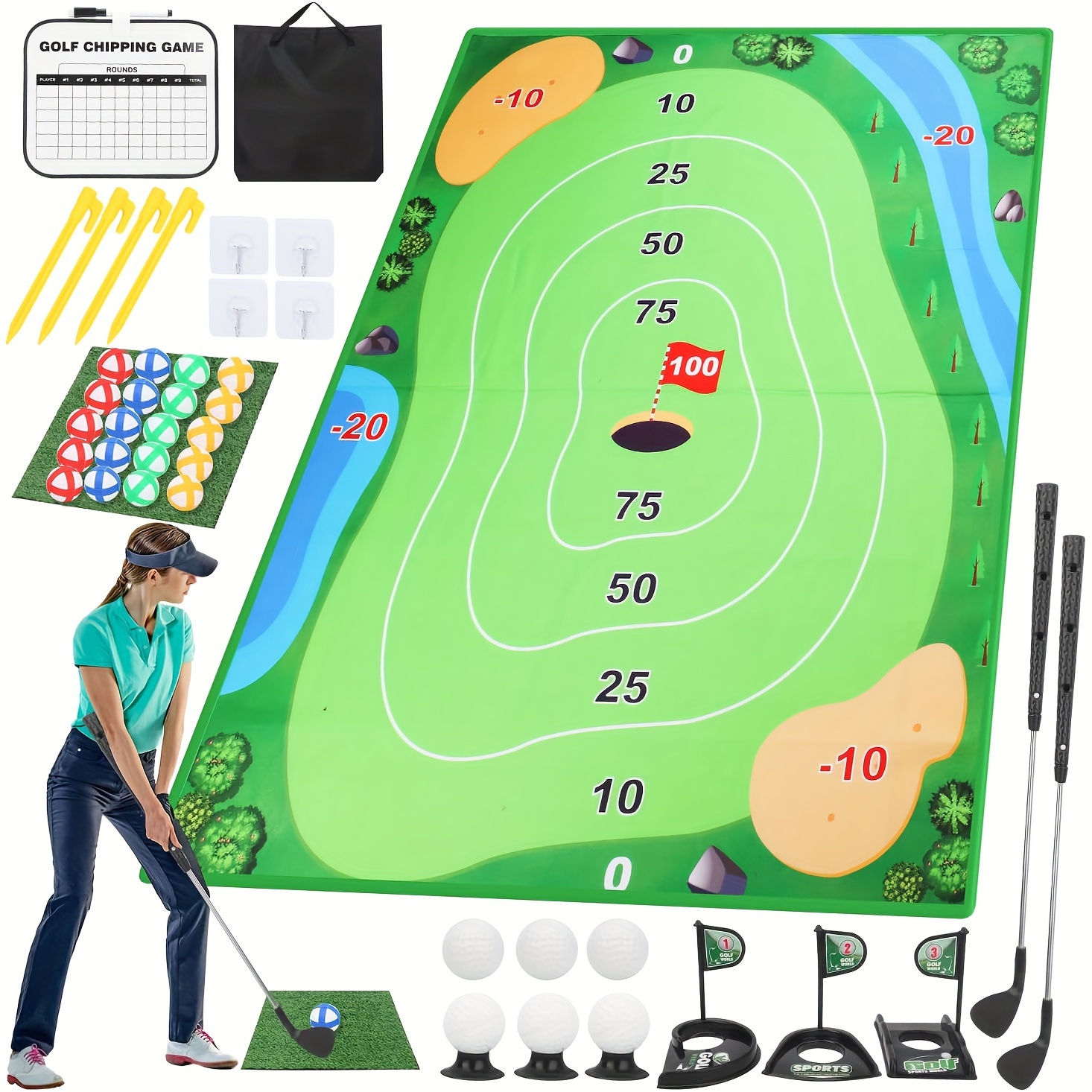 

Chipping Golf Game Mat Set Indoor Outdoor Games, Backyard Golf Games For Adults Kids Practice, Golf Training Aid Equipment Stick Chip Game