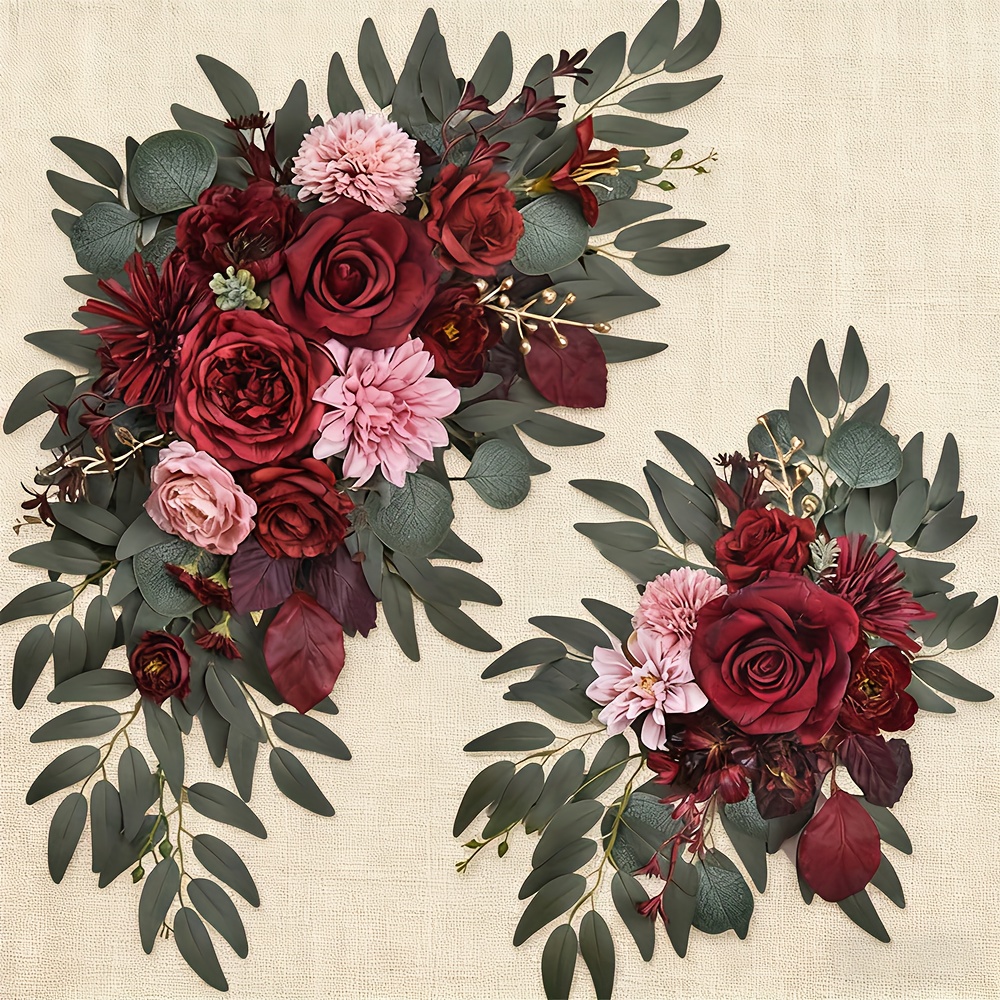 Image of Wedding Arched Flowers (2pcs), Artificial Wine Flowers, Wedding Welcome Sign Decoration And Arched Flowers For Wedding Receptions (wine Red)