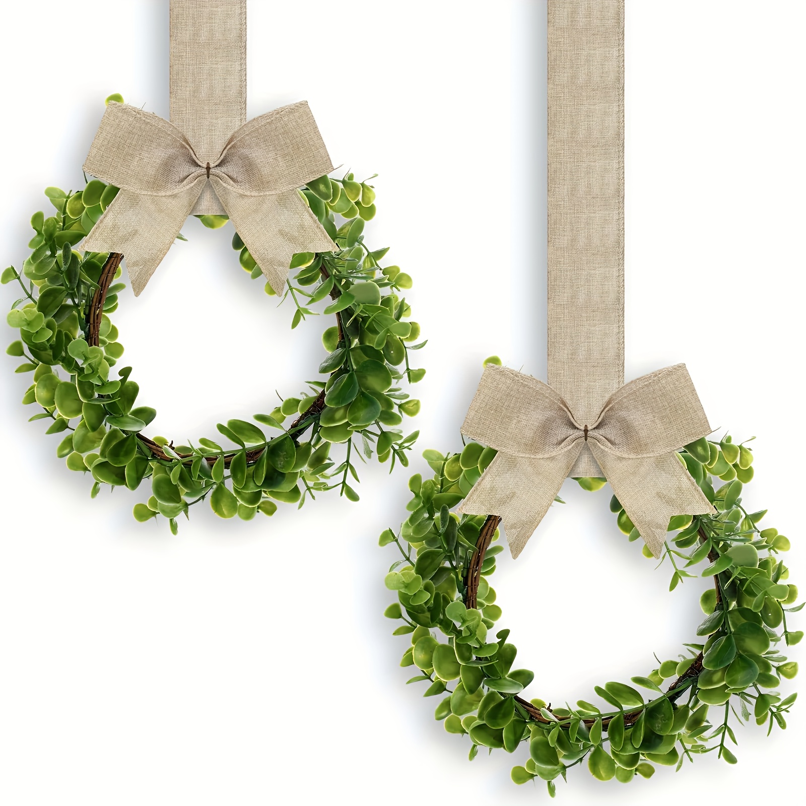 

2pcs Artificial Boxwood Wreaths With Ribbon - Christmas, Easter, Hanukkah & More - Wall, Cabinet, Window, Door Decor