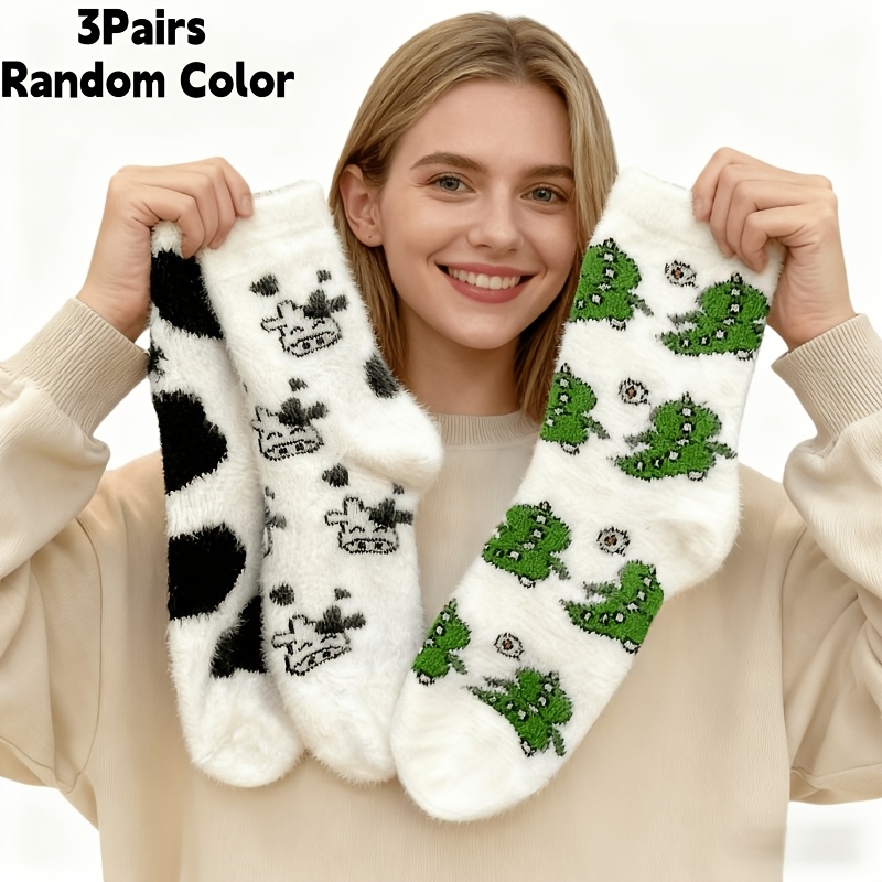 TEMU 3 Pairs Of Random Color Non-shedding Cozy Socks, Soft And Fluffy Design, Featuring Cute Cow And Adorable Dinosaur Patterns, Durable And ,