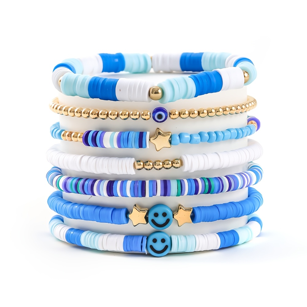 TEMU 7pcs Bracelet Tendance Facile et Frais Style Preppy Bleu Aléatoire en Souple Étoile, Idéal pour un Look Campus
