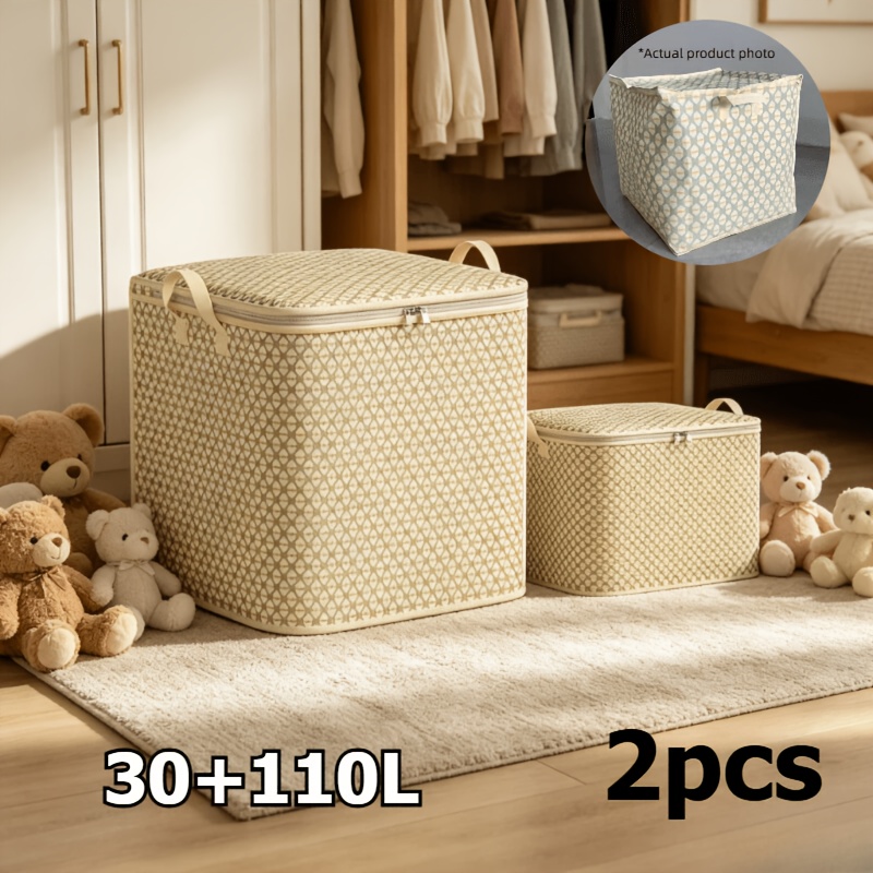TEMU 2pcs Beige Diamond Pattern Underbed Storage Boxes (7.93 Gallons And 29.06 Gallons), Zippered Wardrobe And Bedding Organizer With Reinforced