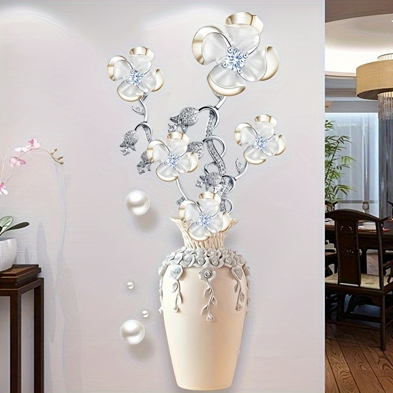 

Contemporary Style Flower Vase Wall Decal With Crystal Embellishments, Matte Pvc Plant Theme Stickers, Self-adhesive And Single Use, For Living Room And Bedroom Decor