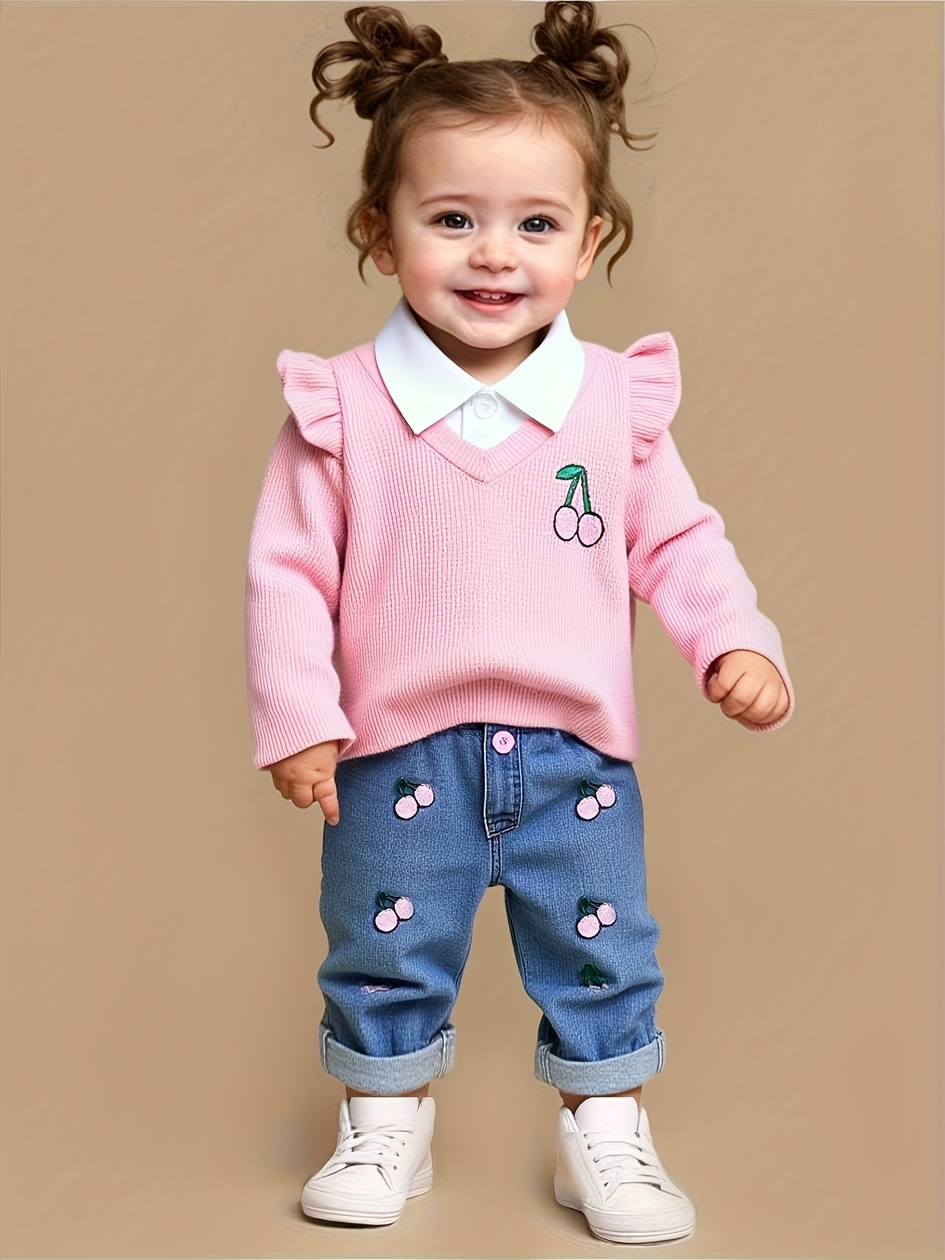 spring and autumn casual sweet and   for baby girls a pink waffle collar faux two piece top   with cherry embroidered straight leg elastic waist faux denim set   everyday   and play for outdoor Product details 4