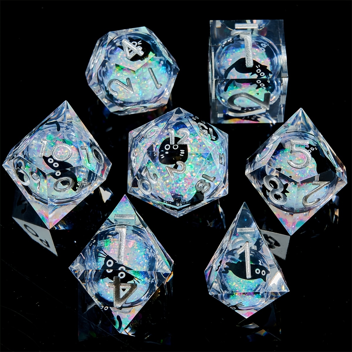 

Kitten Liquid Resin Dnd Dice With Sharp , A 7-die Set For Rpg And Mtg Tabletop Games, Handcrafted Resin Dice.