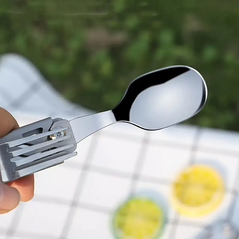 a versatile folding outdoor tableware set with 5 in 1 including knife bottle opener made of stainless steel easy to clean and with a storage bag camping details 3