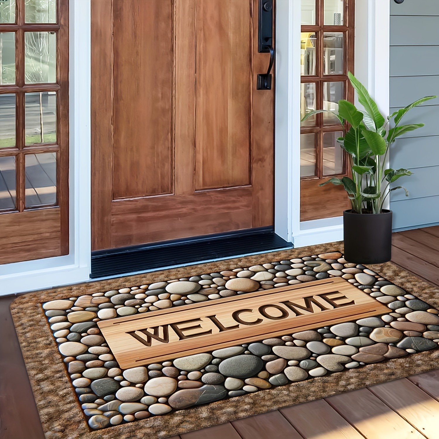 

Welcome Home" Non-slip Doormat - , Machine Washable Polyester Mat With Stone Pattern And Wooden Texture Design - Ideal For Farmhouse Decor