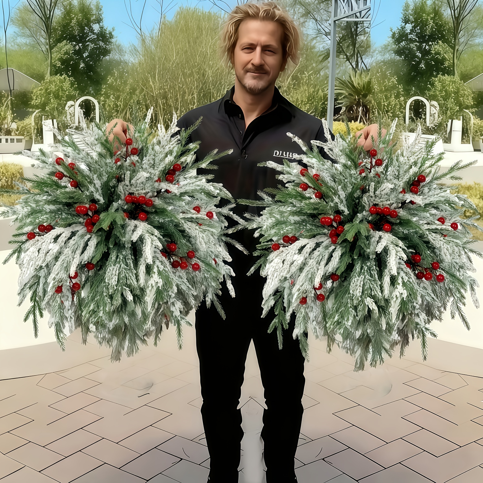 item picture 24pcs outdoor artificial norfolk pine branches with red berries realistic   pine wreath dense green needles with snow cover suitable for outdoor christmas wreath vase filler home decor durable plastic no maintenance easy to assemble