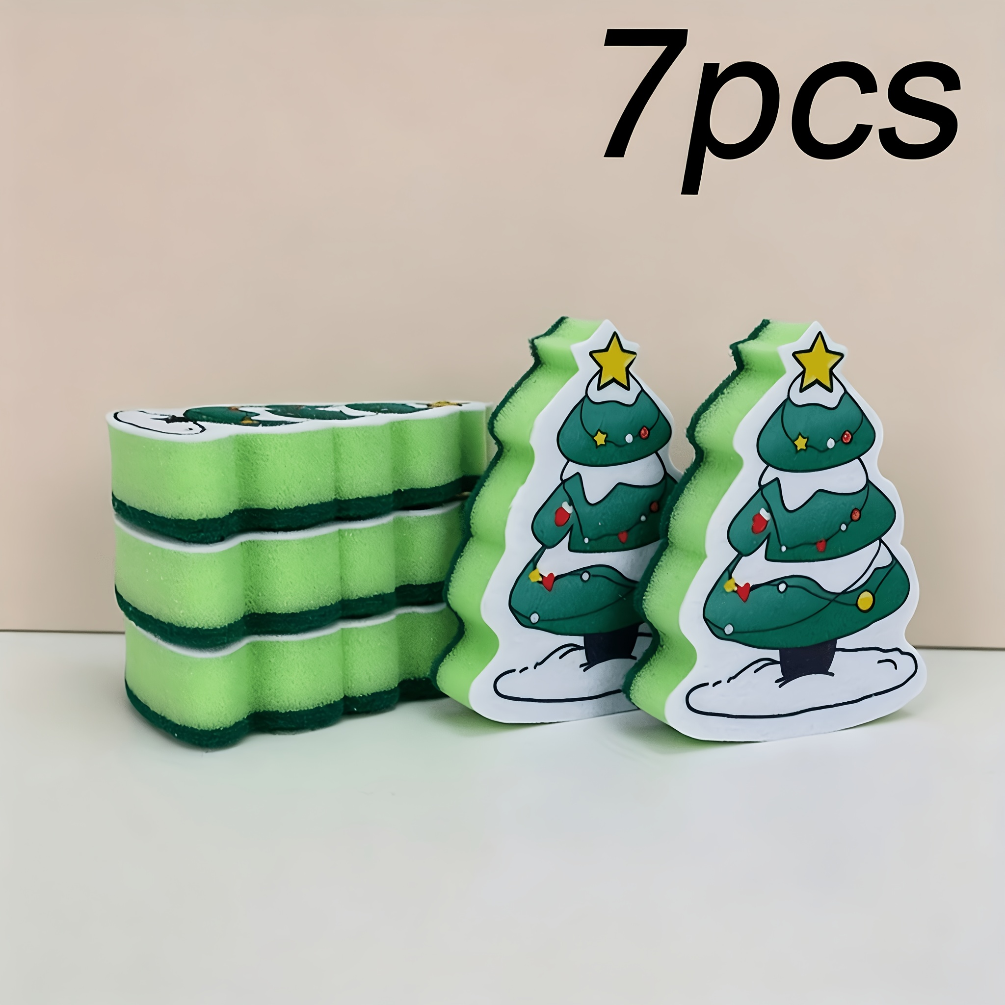 TEMU 7pcs Christmas Tree Kitchen Sponge Bulk Green Christmas Tree Double-sided Washable Sponge Dishwashing Kitchen Cleaning Additions Suitable For