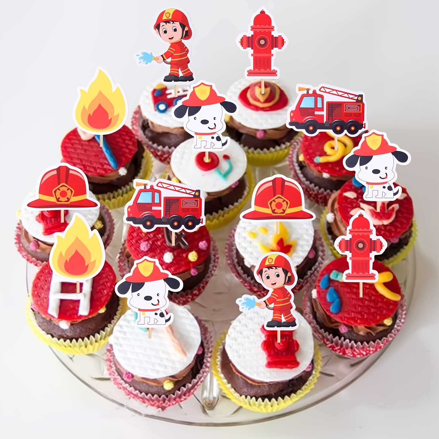 Image of 12pcs Fire Truck Cupcake Toppers Fire Truck Birthday Decorations Fire Truck Cake Topper, Firefighter Birthday Party Decorations,halloween, Christmas