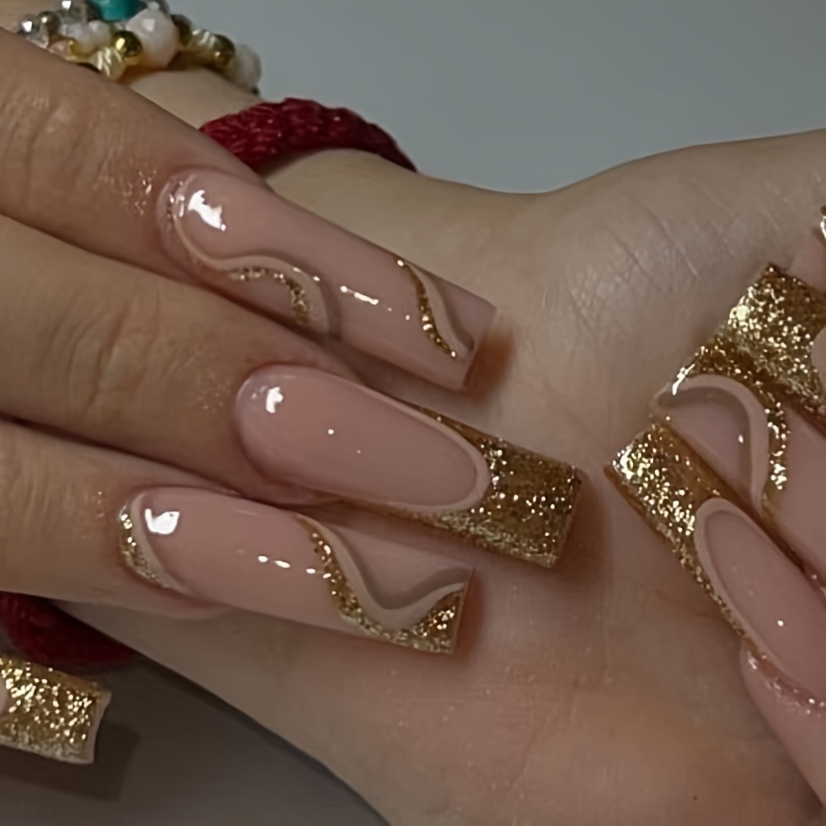 

24pcs Golden Glitter French Fake Nails Press On Nails With Design, Long Ballet Square False Nails Trendy Acrylic Nails For Women And Girls