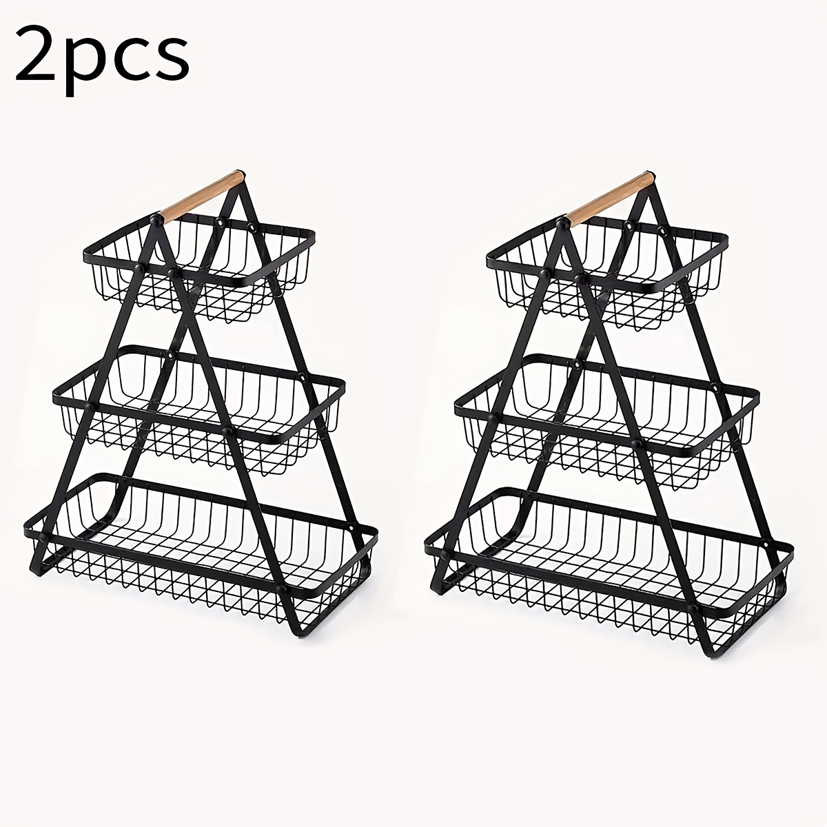 Image of 2pcs Multi- And Vegetable Baskets With Detachable Wooden Handles For Kitchen Organization And Storage, 3-tier Fruit Baskets Ideal For Kitchen Countertops, Kitchen Storage Bins, And Kitchen Tools