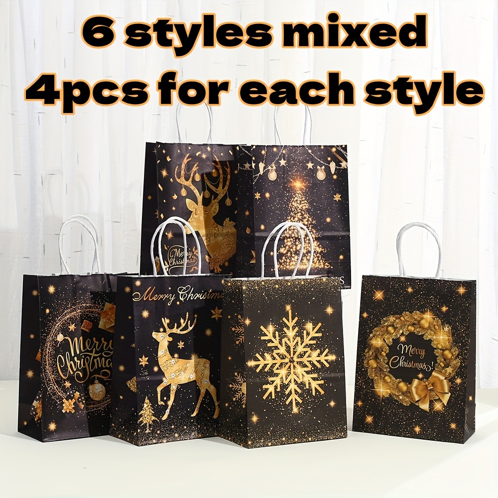 Image of 24pcs Black Christmas Gift Bags With Paper - Festive Tote Bags With Christmas Tree, Snowflake & Reindeer Designs For Birthday, Candy, Party Favors, Storage & Shopping