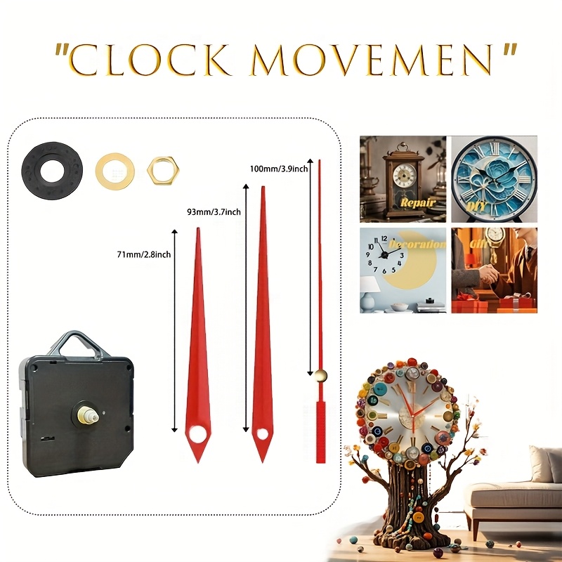 TEMU 1pièce Kit de réparation et de remplacement de mouvement à quartz, silencieux, avec 1 ensemble de mains rouges, 16 mm de long, accessoires de