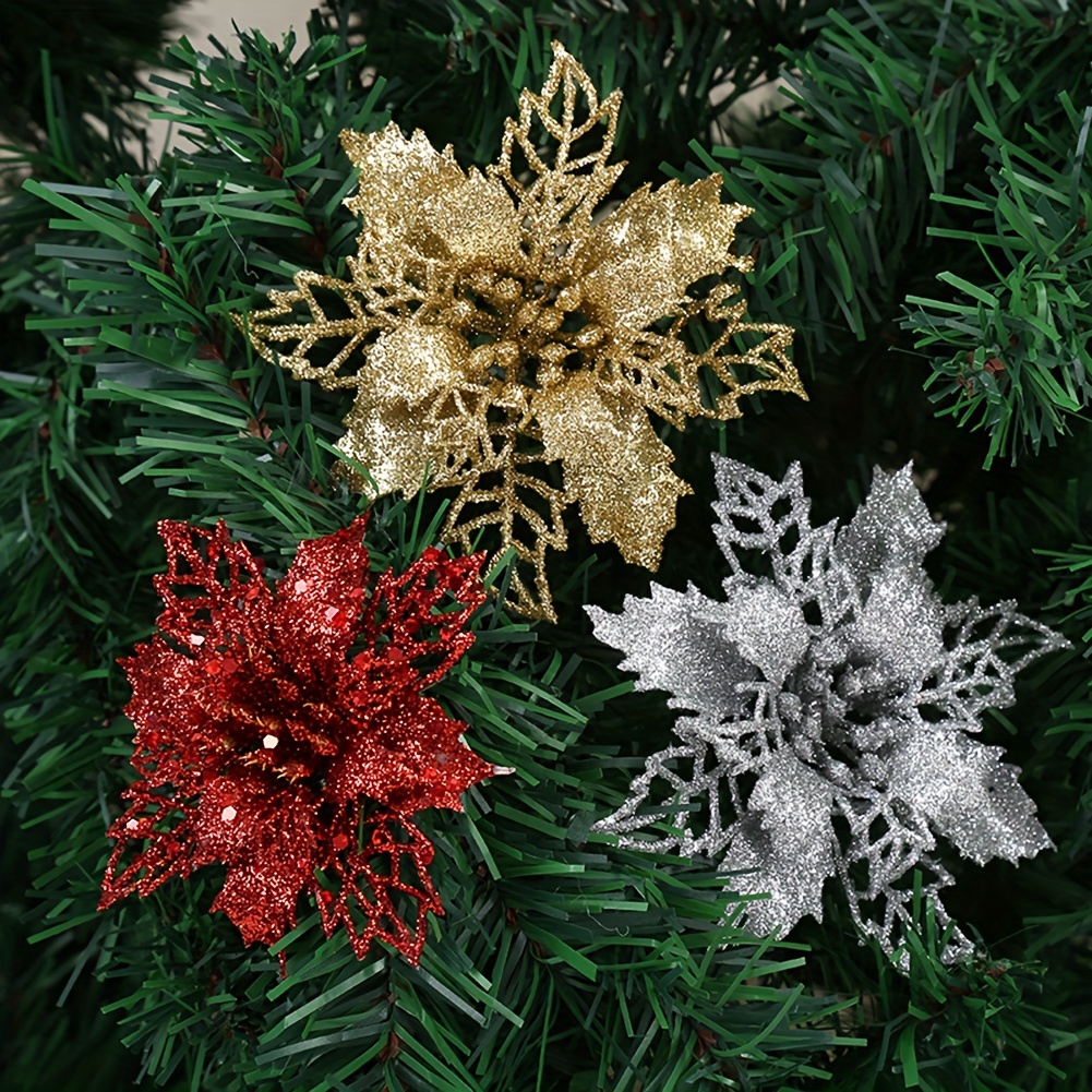 

10pcs Glitter Artificial Christmas Poinsettia Flowers - 3.54" Plastic And Polyester Sparkling Tree Decorations For Holiday, Wedding, And First Communion - Electricity-free Festive Ornaments