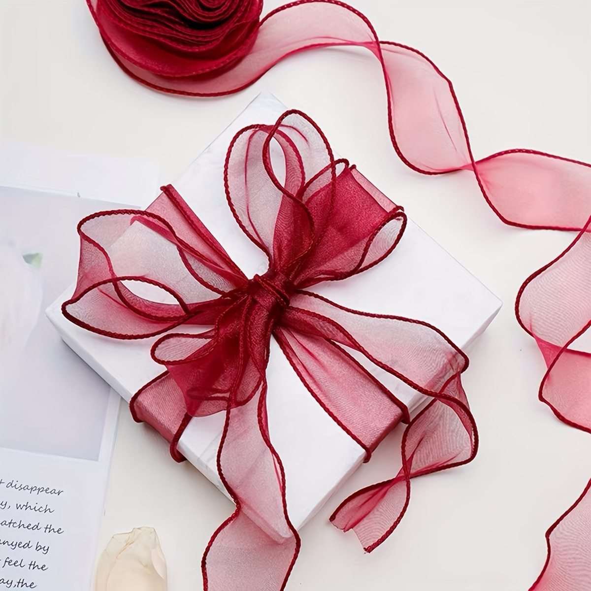 

1 Roll - X 4cm Elegant Sheer Organza Ribbon In Red, White, - Gift Wrapping, Cake Boxes, And Floral Bouquets - Polyester Silk Ribbon Decoration, Gift Wrapping Ribbon|decorative Bows| Decoration