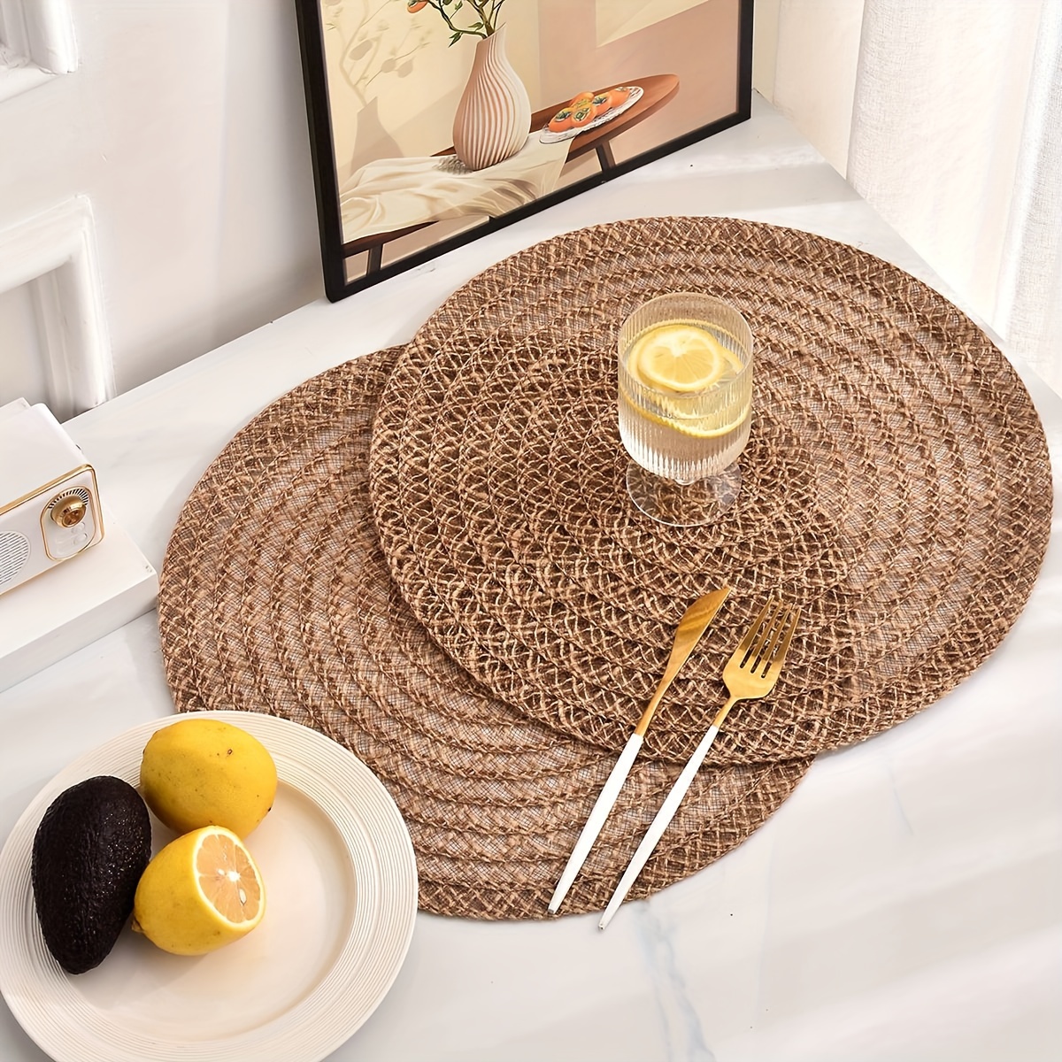 

2/4/6pcs Jute Woven Placemats Set, Round Hand Woven Table Mats, Natural Jute Material, Decorative Dining Table Mats, Dishware Mat, With Hand Wash Dining