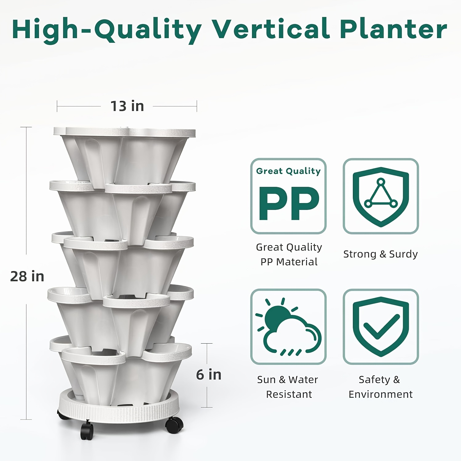 5-tier Strawberry Vertical Planters Stacking Tower Stackable Vegetable Planters With Movable Casters And Bottom Indoor And Outdoor