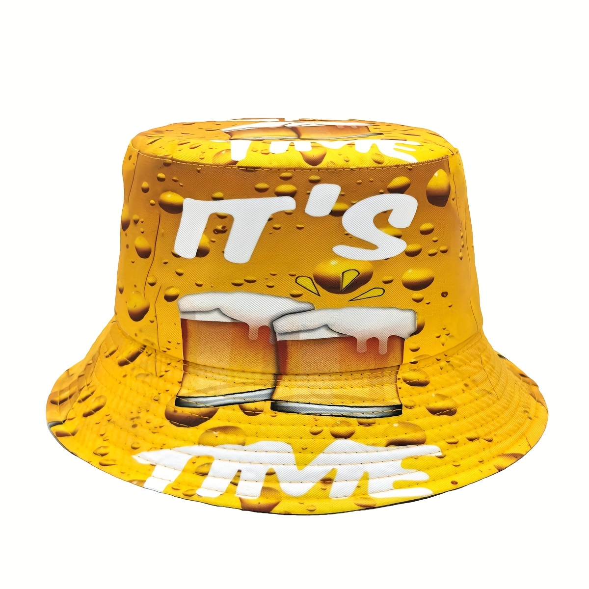 E-shop Lässiger Fischerhut mit „Beer Time“-Musterdruck, Unisex leichter, doppelseitiger Outdoor-Fischerhut, geeignet für Partys Veranstaltungen
