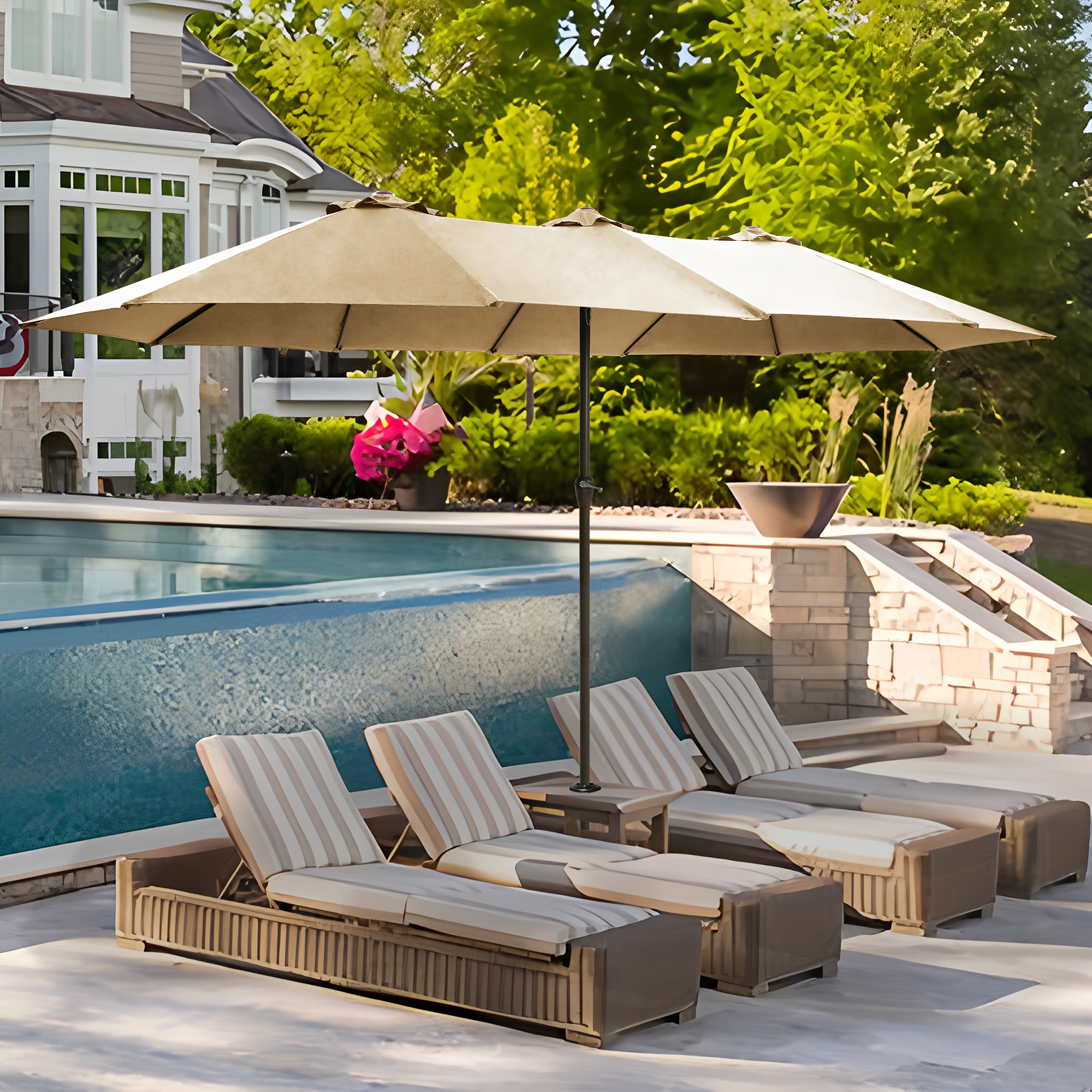 15-foot Long Rectangular Large Outdoor Patio Umbrella, Includes Base, Double Table Umbrella With A Crank Handle, Market Umbrella - UV Resistant, Heavy-duty Pool Umbrella, Suitable For Lawns, Backyards, And Gardens.