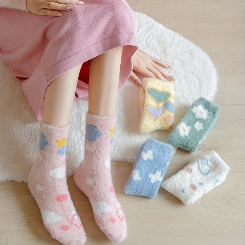 

5 Pairs Heart & Floral Fluffy Socks, Cute & Sweet Warm Floor Slipper Socks For Fall & Winter, Women's Stockings & Hosiery