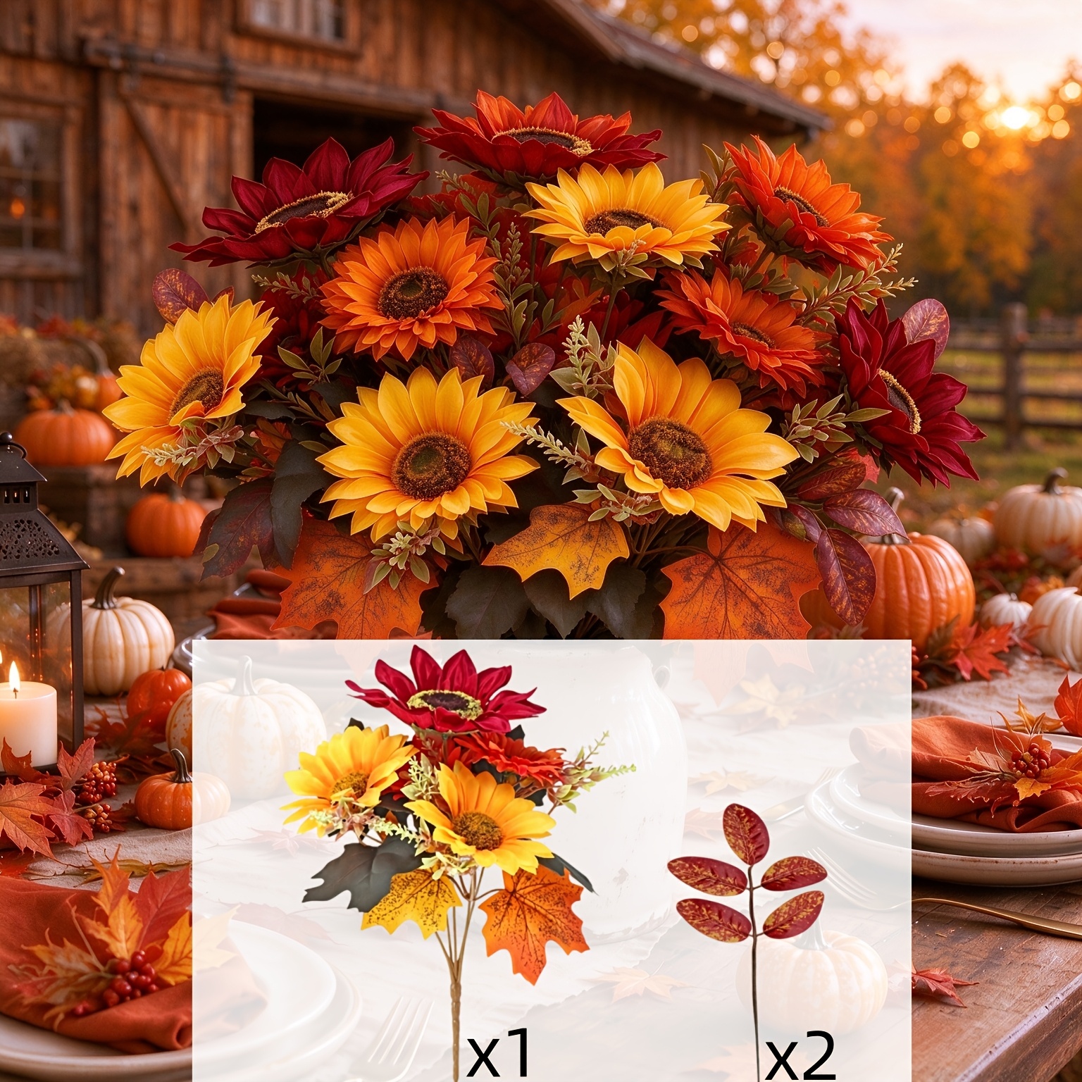 TEMU 3pcs Set Of Autumn Simulation Sunflower Fake Flowers, Halloween Thanksgiving Pumpkin Season Decorative Bouquet, Orange Red Yellow Maple Leaf