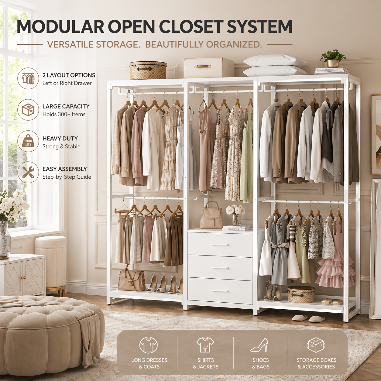 * Garment Rack Heavy Duty Clothes Rack For Hanging Clothes, Clothing Rack  With Drawers, Wood * Shelf Freestanding Closet Wardrobe Rack, Corner L  Shaped * Organizers