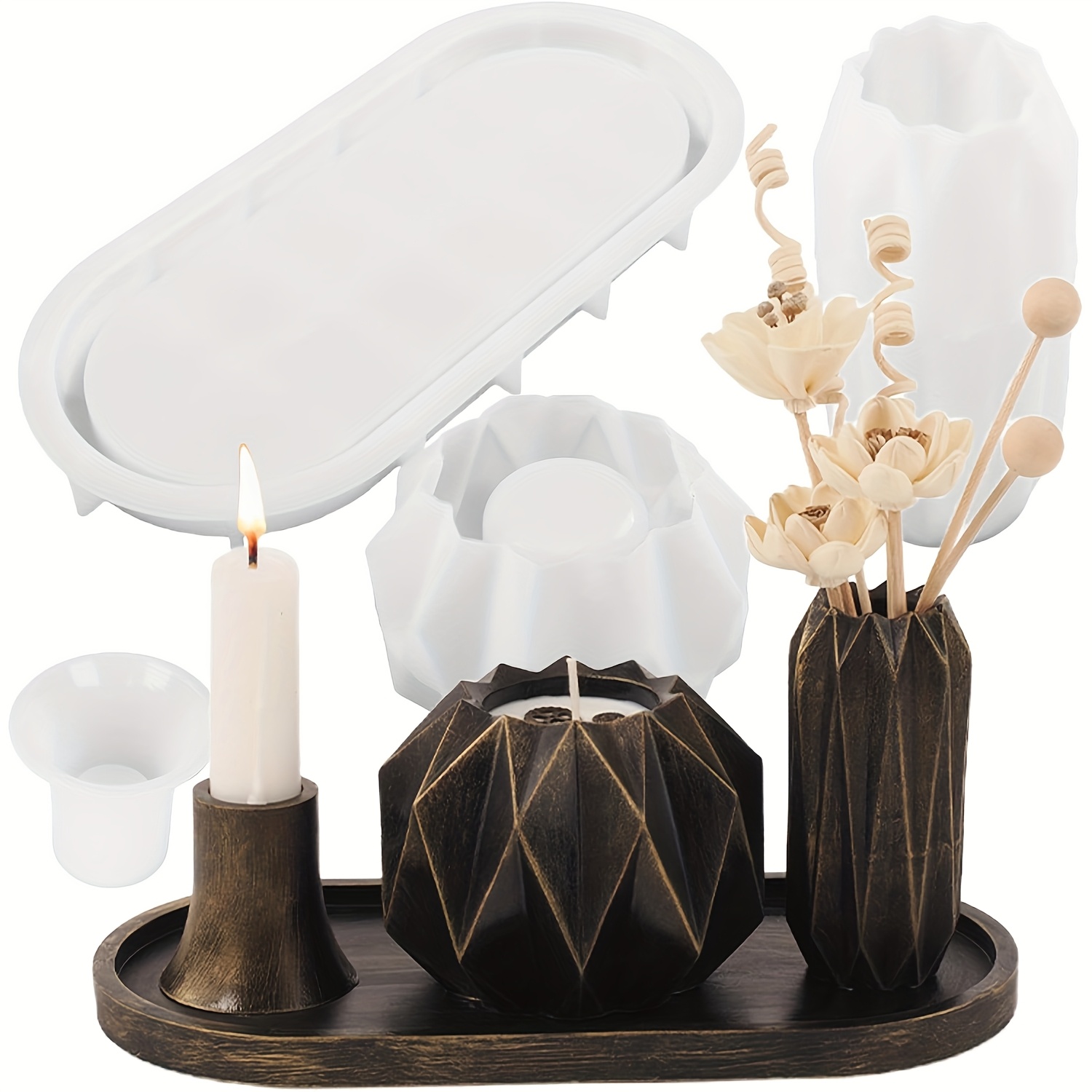 TEMU 4pcs/set Cut Diamond Vase Silicone Molds - Diy Oval Tray Epoxy Resin Molds Handmade Plaster Plaster Concrete Cement Crafts Mirror Candle Holder