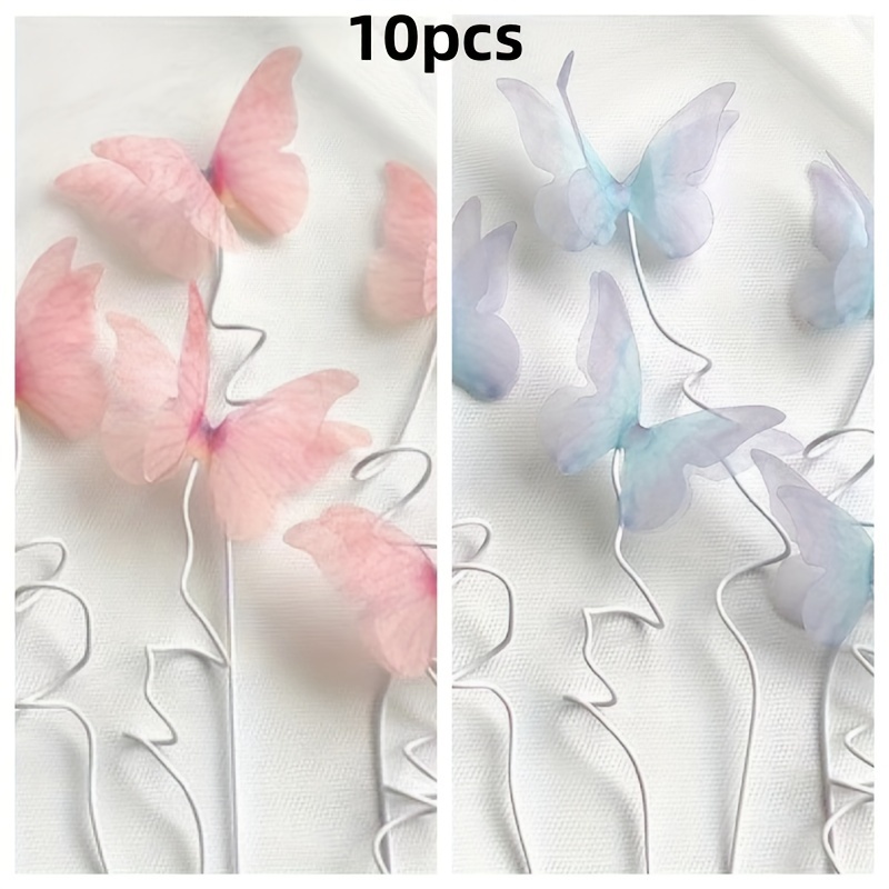 

10pcs Fairy Color Butterfly Yarn Flower Encircling Party Toppers - Wire Card Plug-in Flag Cake Toppers - Suitable For Birthday, Wedding, Engagement, Bridal Party, And Cupcake Decorations