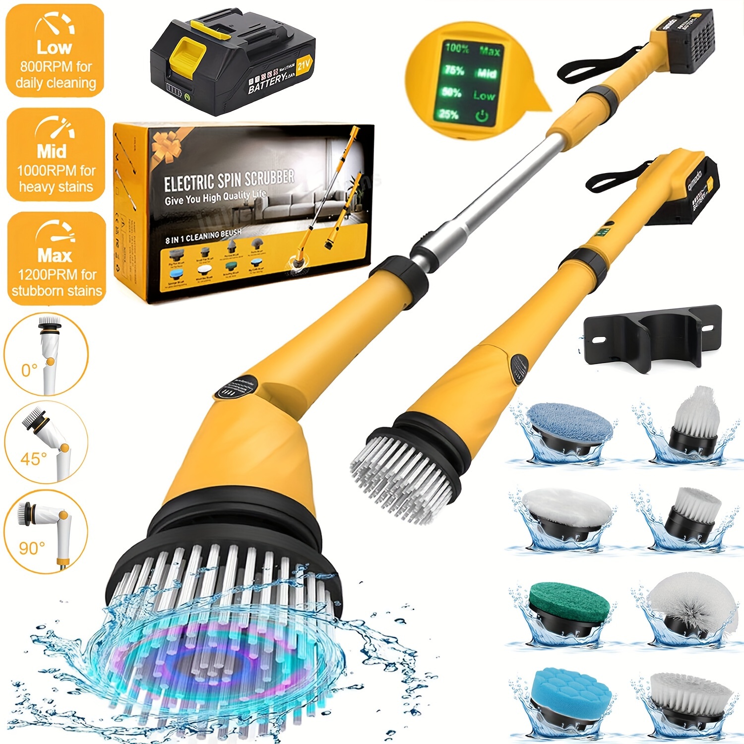 

Electric Spin Scrubber With Batteries, 1200 Rpm High Power Electric Scrubber For Cleaning, Shower Cordless Cleaning Brush With Led Display For Bathtub Grout Tile Floor, 8 Brushes