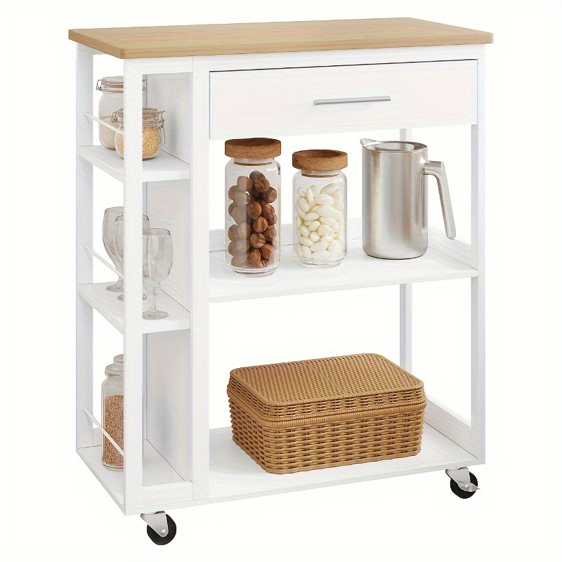 1pc Freestanding Kitchen Cart With Countertop, Plastic Service Trolley With Wheels And Brake, Open Shelf Utility Cart With Drawer, Mdf And Oak, No Electricity Needed, 73x88x38cm