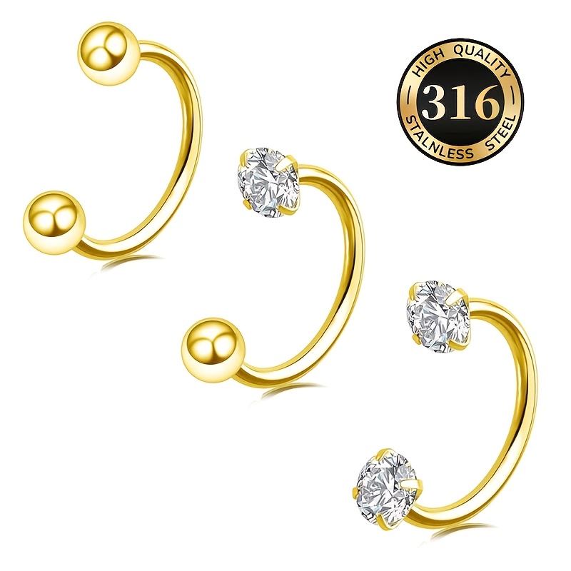 TEMU 3pcs Set Inlaid Cubic Synthetic Zirconia Earrings/nose Ring/lip Ring, Steel Horseshoe Bar Jewelry, Piercing Ring, Women's Earrings, U-shaped