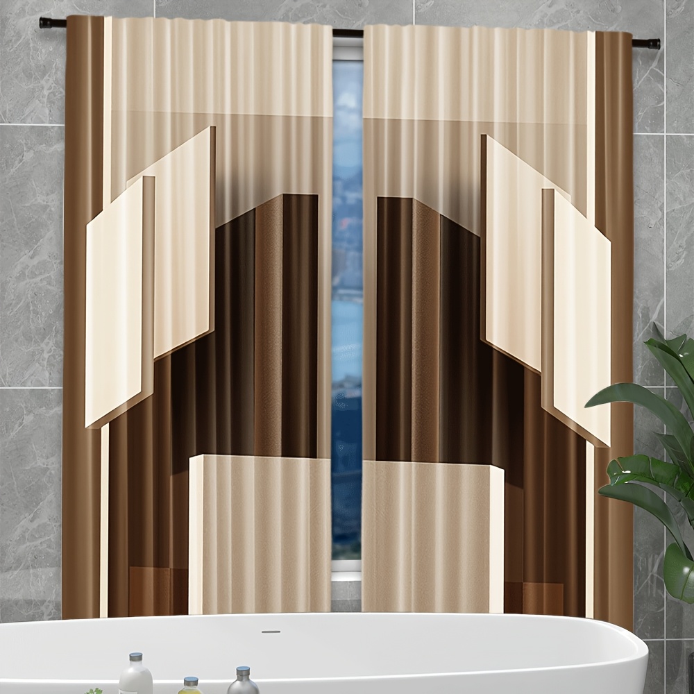 2pcs Cortinas Bege com Padrão de Bloco Geométrico - Design de Bolso de Varão 8
