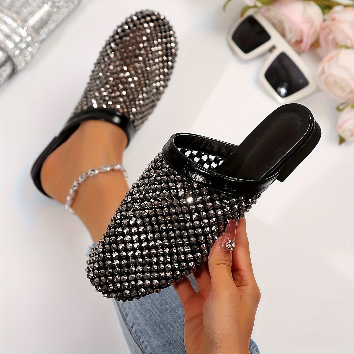 Women'S Sparkling Round-Toe Slip-On Mules with Low Heel - Golden Tone, Faux Upper, Synthetic Insole, All-Season Comfort Shoes, Fashion Footwear|Sparkling Detail|Synthetic Upper, Mules