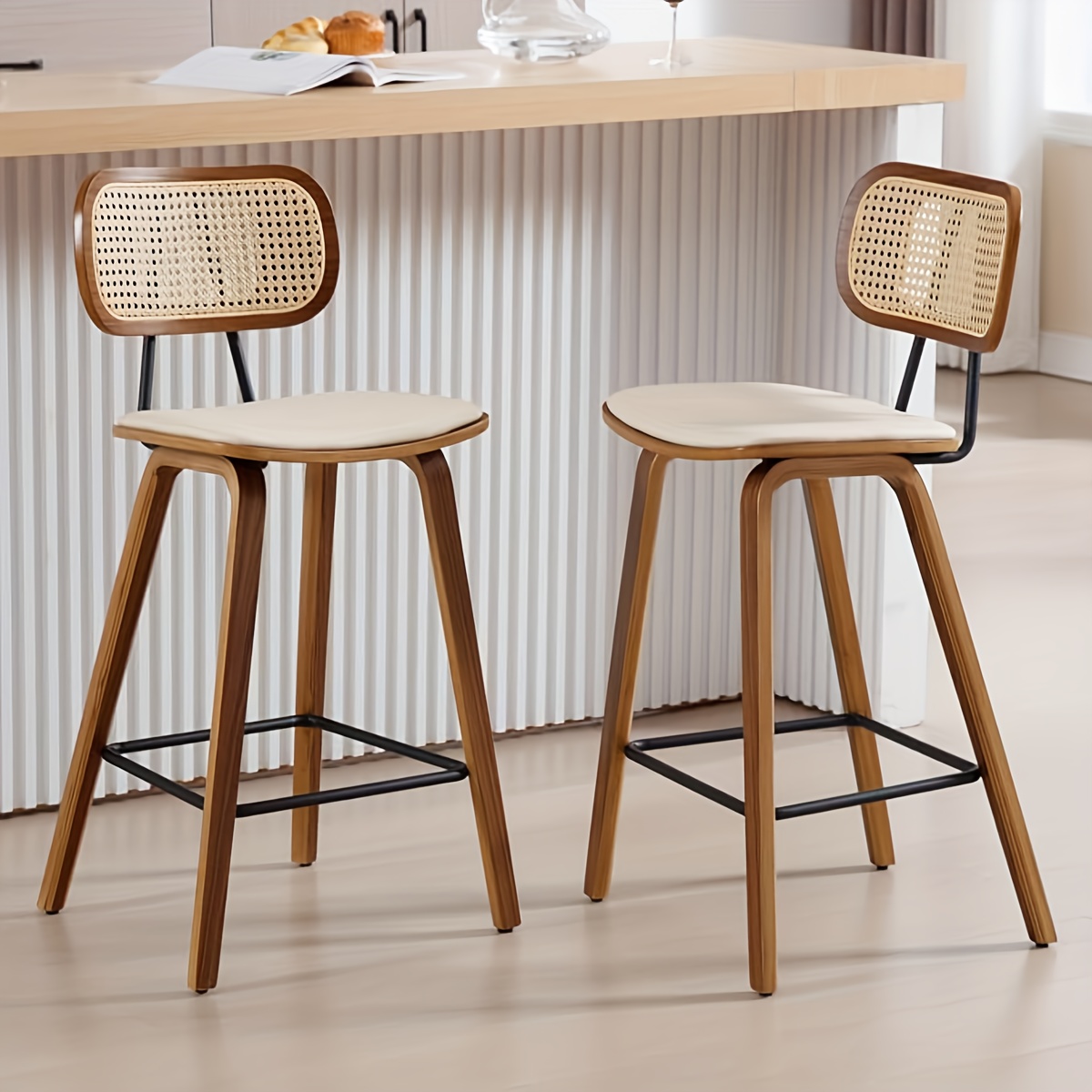 TEMU Ensemble de 2 tabourets de bar Wahson, chaises de comptoir rustiques en rotin avec pieds en bois pour bar, cuisine, restaurant, beige