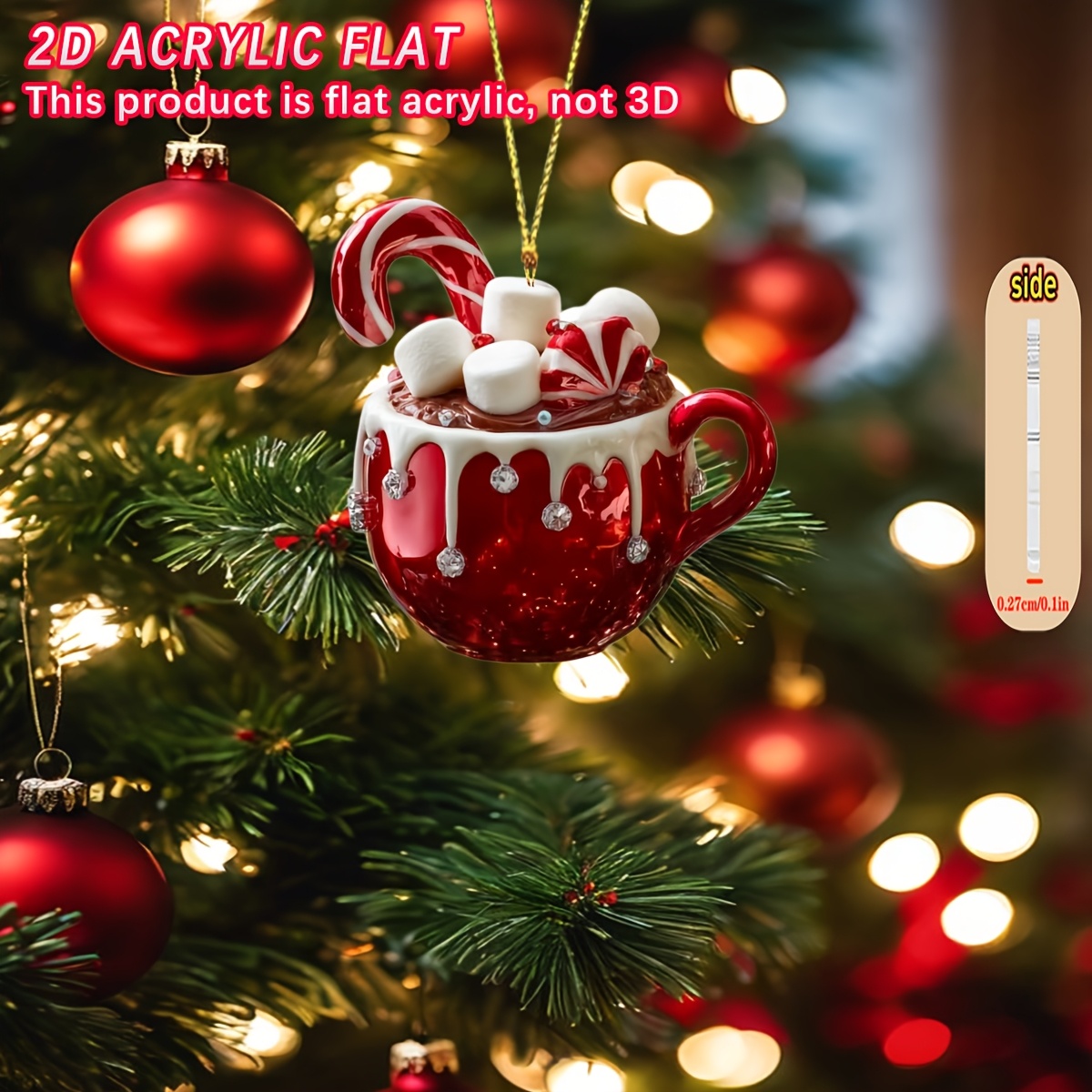 TEMU 2d Flat, 2d Flat 1pc Exquisite And Beautiful Red And White Icing Coffee Cup With Candy Cane And Marshmallow Decorative Hanging Ornament. Used As