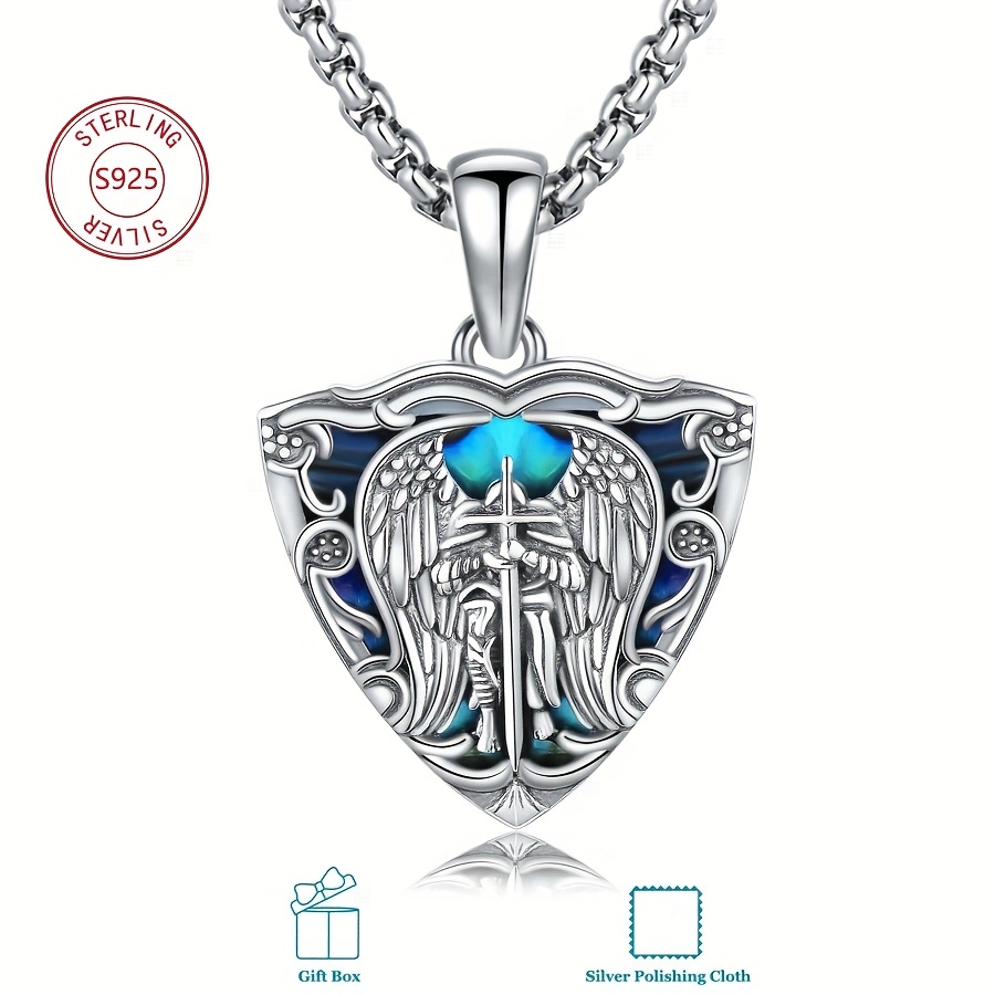 Image of 925 Silvery Saint Michael Necklace Made Of Abalone Shell Material, A Large Warrior Protective Jewelry Suitable For Men And Women, With A Medal Pendant In Of A Sword And Shield, .
