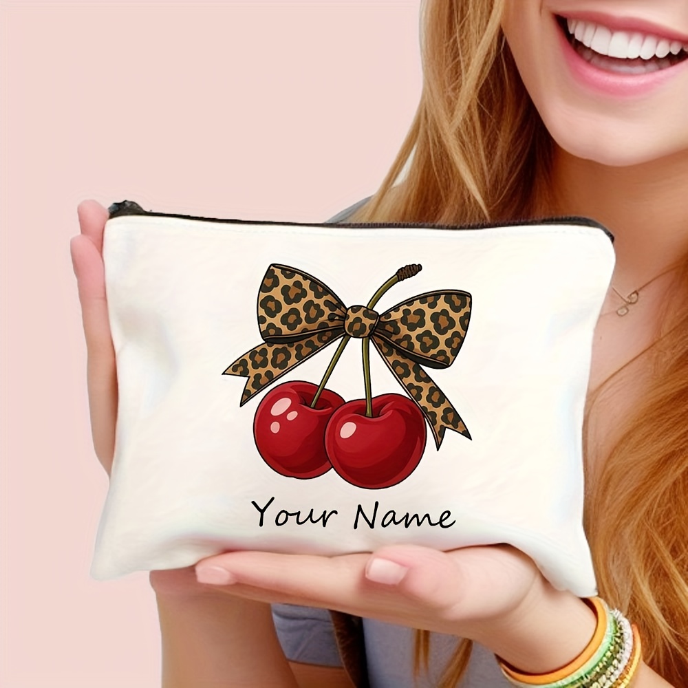 TEMU Women' Vintage Leopard Print & Cherry Bow Makeup Bag - Name/text Personalization Suitable For Weddings, Graduation Gifts, Teacher Appreciation -