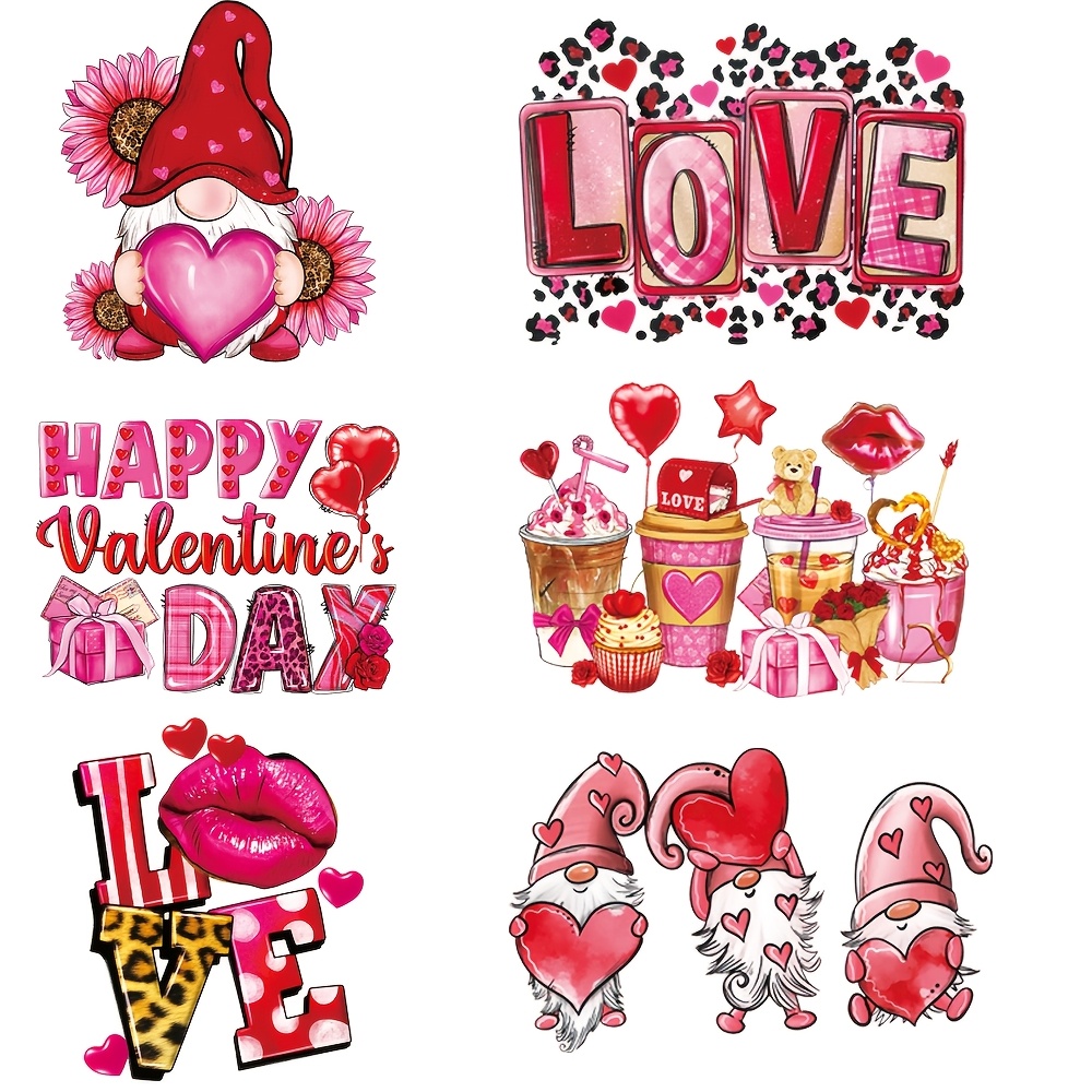 

6pcs Valentine's Day Iron-on Heat Transfer Decals - Cartoon Designs For Diy T-shirts, Jeans, Masks, And Backpacks