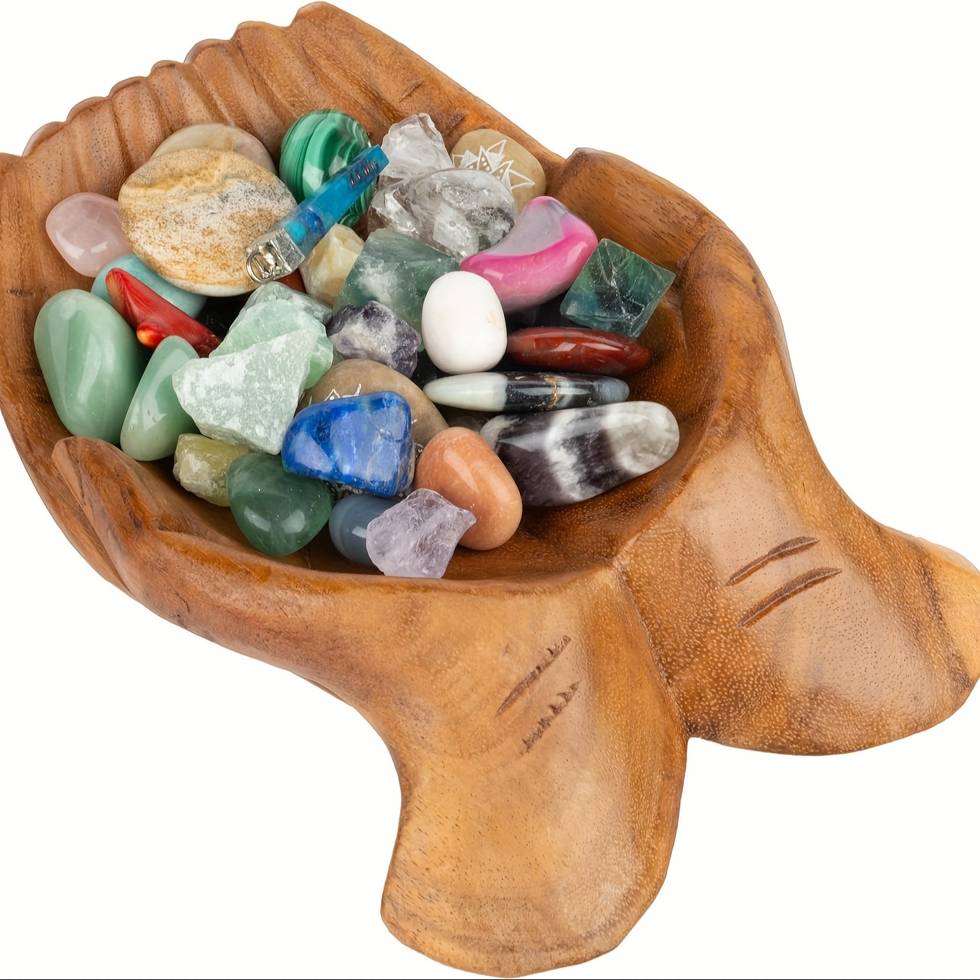 

1pc Wooden Carved Hands Offering Bowl - Showcase Your Stones - Crystal Holder For Stones - Key Bowl - Crystal Storage Tray - Decorative Hand Bowl For Rock Display - Crystal Shelf Display