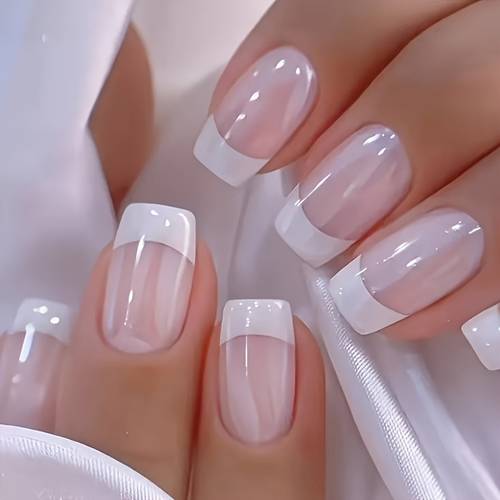 4 styles 96pcs of 2 types of almond shape short square short almond classic elegant mirror glossy white edge french and fine white gradient nail art set gentle elegant sweet removable and reusable
