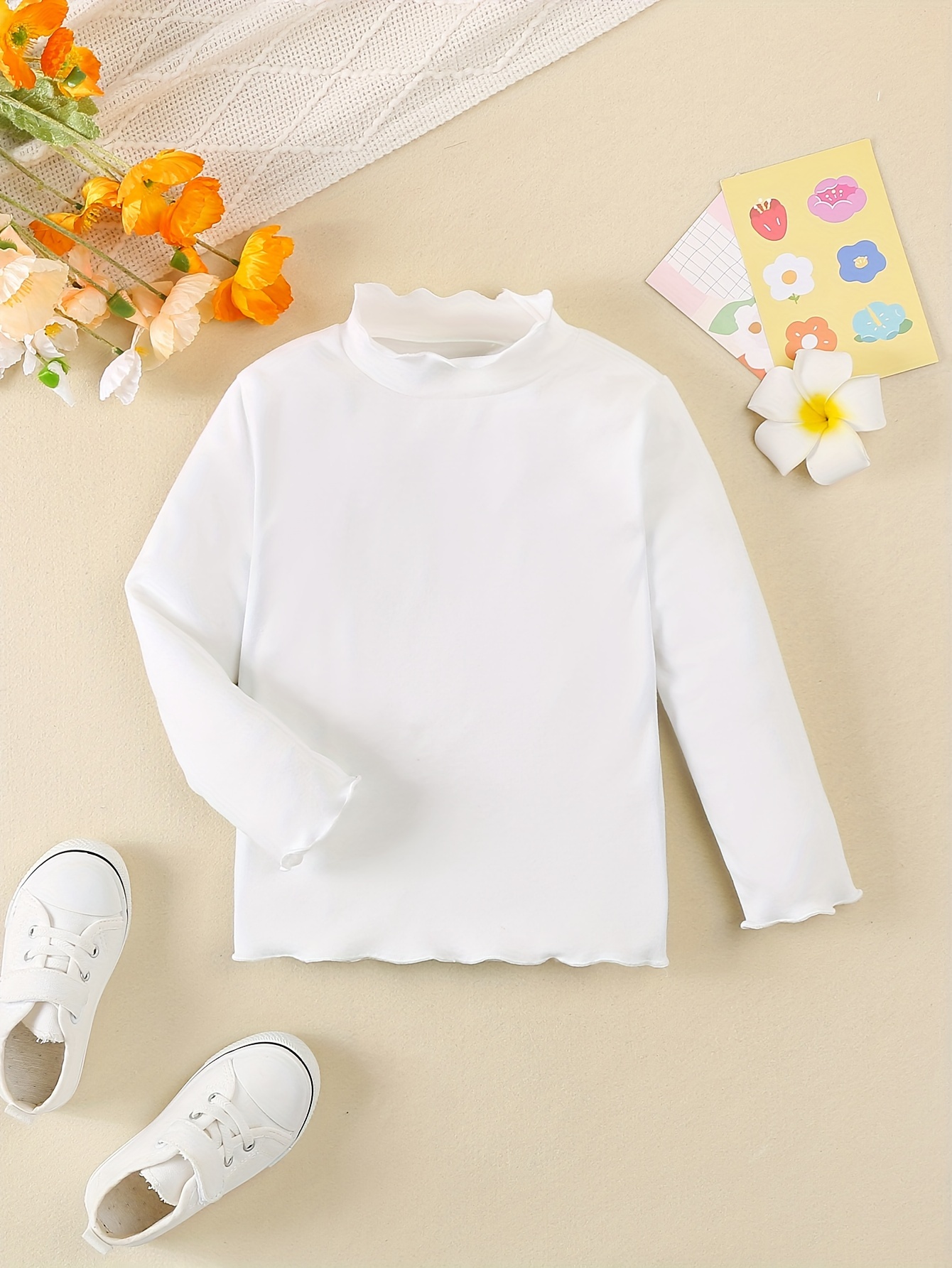 cozy cute girls' ruffle trim long sleeve turtleneck solid Temu
